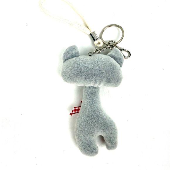 Cute Gray Cat Plush Keychain with Red Gingham Bow - Picture 7 of 9
